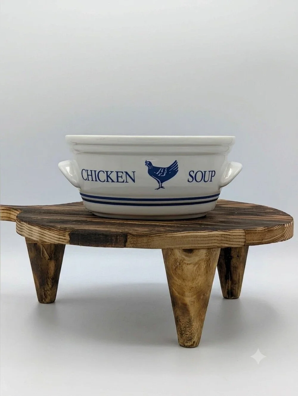 Vintage 1985 FTDA Chicken Soup Ceramic Bowl with Handles Farmhouse Blue & White